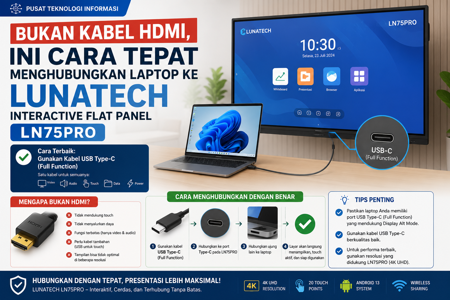 Bukan Kabel HDMI, Ini Cara Tepat Menghubungkan Laptop ke LUNATECH Interactive Flat Panel LN75PRO